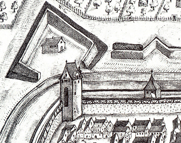 Prestenäckerturm / Märklensturm; 1658
Stadtansicht von Johann Sigmund Schlehenried (Ausschnitt) 
(Stadtarchiv Heilbronn)