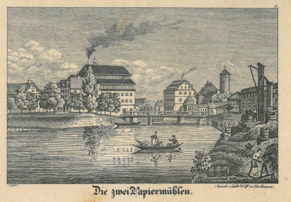 Die beiden Heilbronner Papiermühlen von Rauch (links ) und Schaeuffelen (rechts) zu Beginn der Industrialisierung, um 1830 (Stadtarchiv Heilbronn E005-2953)