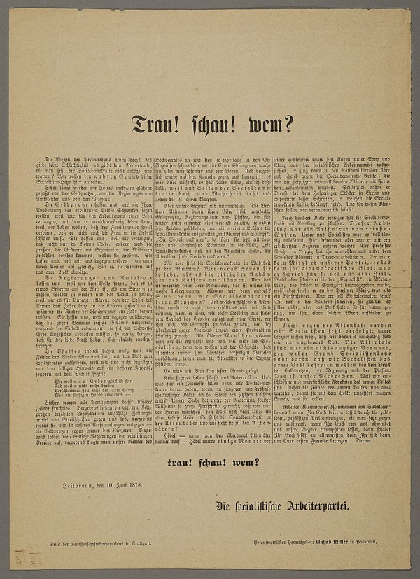 Flugblatt vom 10. Juni 1878 der Sozialistischen Arbeiterpartei Heilbronn (Stadtarchiv Heilbronn E002-359)