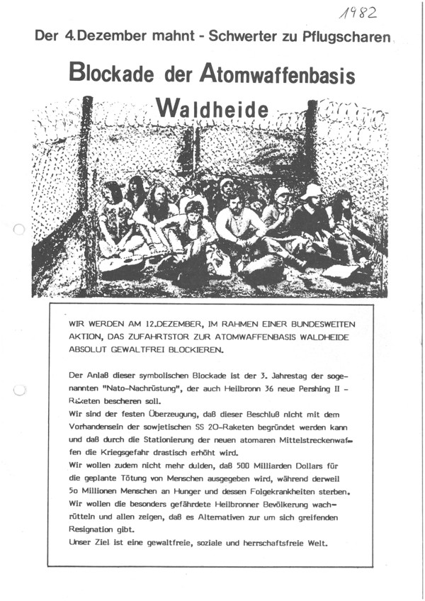 Die AG Gewaltfreie Blockade Waldheide ruft 1982 mit einem 4-seitigen Flugblatt zur Teilnahme an einer Aktion am 12. Dezember auf (Stadtarchiv Heilbronn ZS-4770)