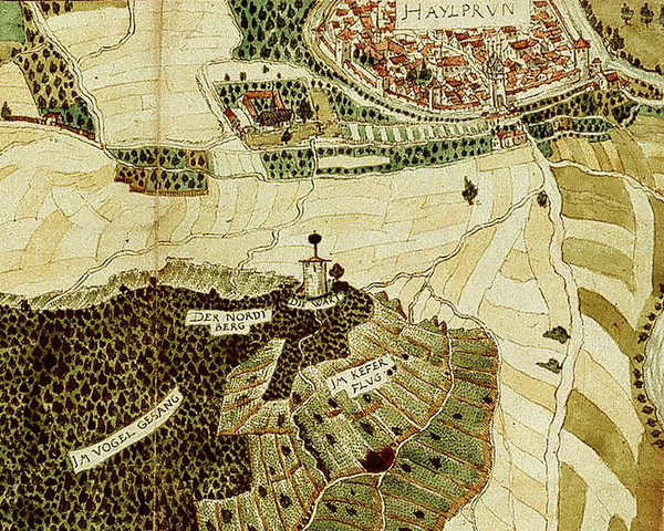 Der Nordberg und der Wartturm mit der Kugel auf der Karte des Heilbronner Stadtmalers Hans Peter Eberlin; 1578 
(Hauptstaatsarchiv Stuttgart C3 Büschel 4290)