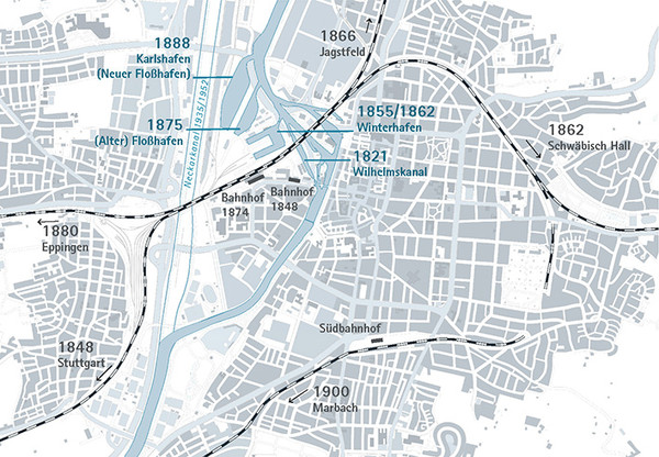 Eisenbahnlinien und Hafenausbau mit Eröffnungsjahren
(Stadtarchiv Heilbronn)
