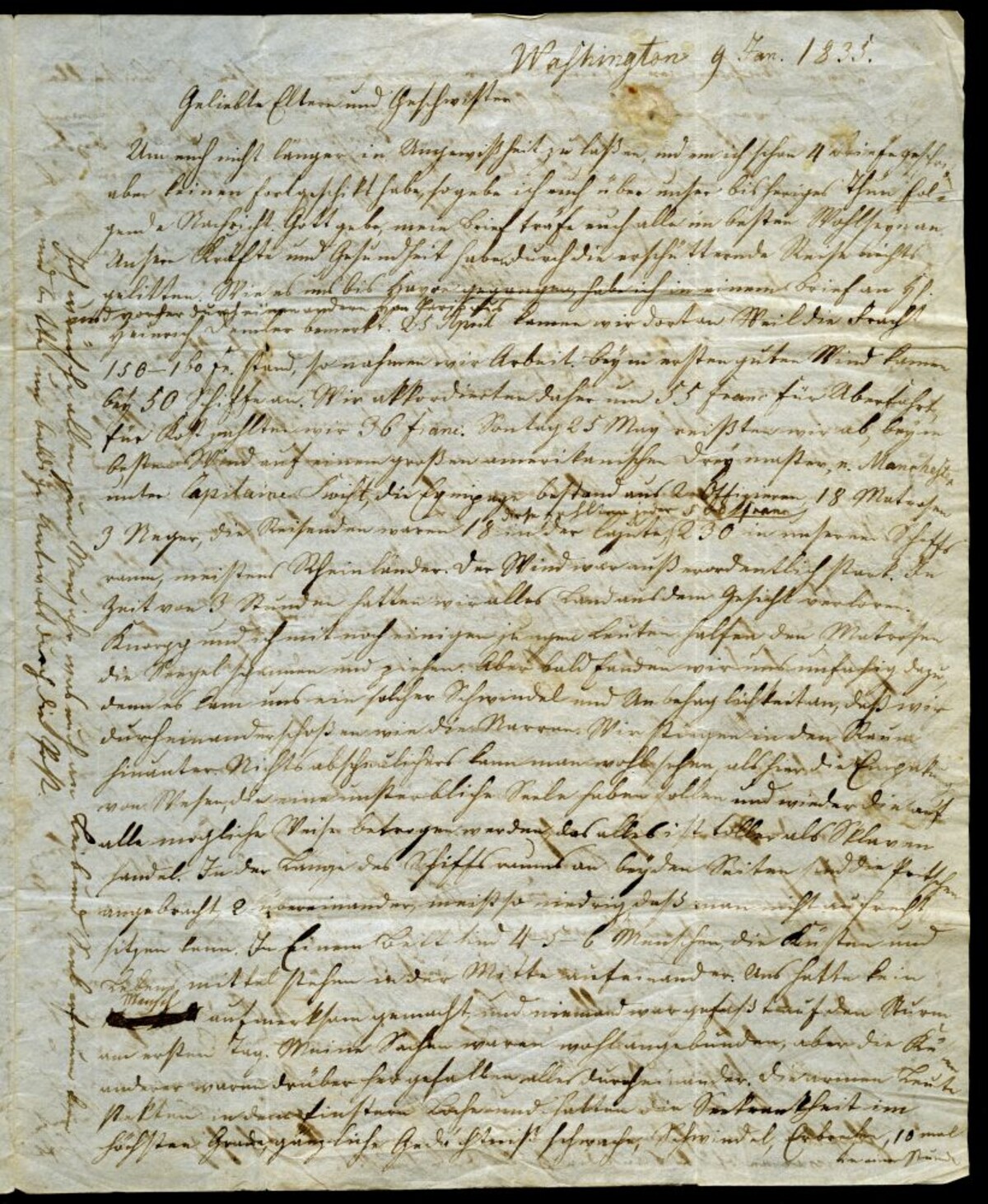 Auswandererbrief von Heinrich Demler an seine Eltern nach Lauffen am Neckar aus dem Jahr 1835 – Bericht über die Reise von Le Havre nach New York (Stadtarchiv Heilbronn E001-83), S. 1