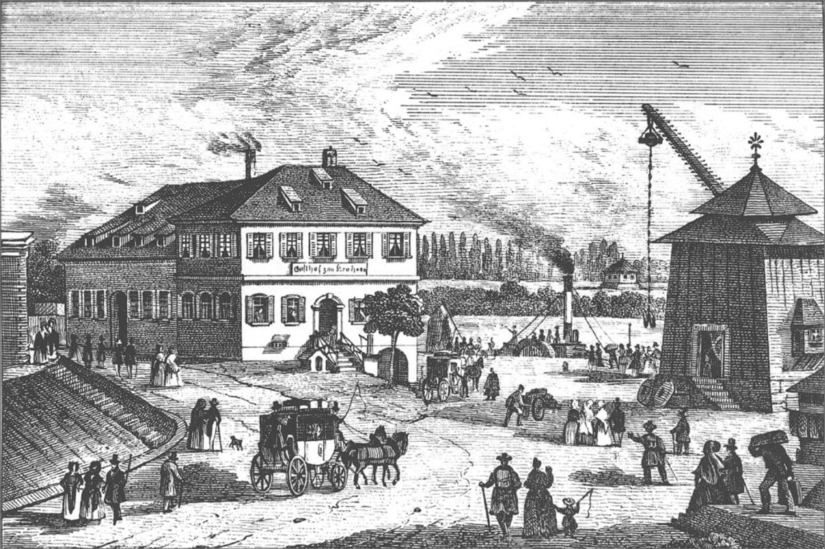 Wirtshaus zum Kranen. Hier führte Friedrich List 1816 die Auswandererbefragung durch. Lithografie der Gebrüder Wolff um 1842 (Foto Stadtarchiv Heilbronn) Wirtshaus zum Kranen. Hier führte Friedrich List 1816 die Auswandererbefragung durch. Lithografie der Gebrüder Wolff um 1842 (Foto Stadtarchiv Heilbronn)