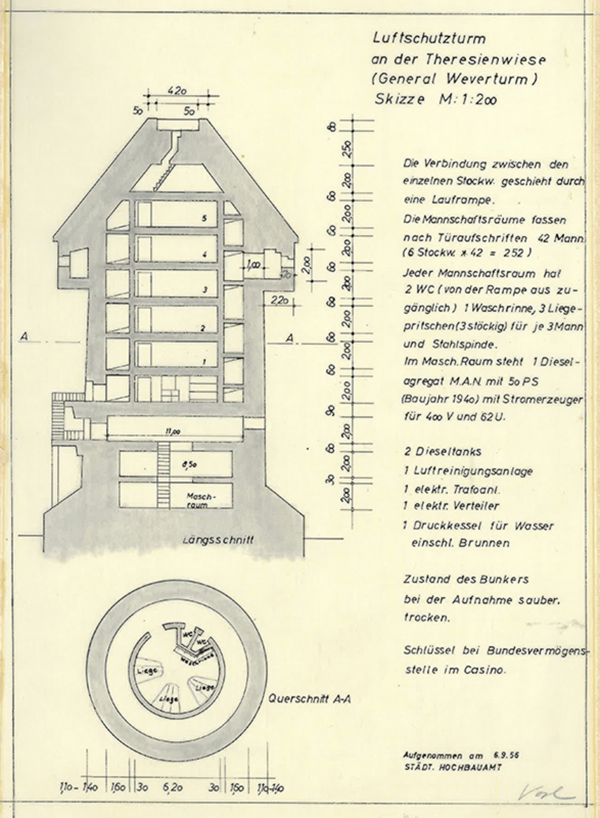 Theresienturm (früher General-Wever-Turm) Heilbronn, Schnittzeichnung; 1956 (Stadtarchiv Heilbronn)