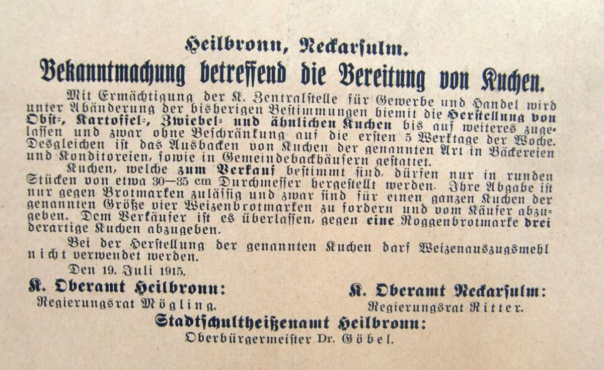 Bekanntmachung betreffend die Bereitung von Kuchen, 19. Juli 1915 (Stadtarchiv Heilbronn D020-65)