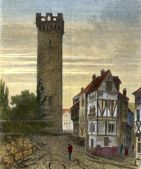 Im 19. Jahrhundert war der Götzenturm ein typisches Objekt für die romantische Sicht auf das Mittelalter – hier in einem französischen Reiseführer mit der Unterschrift „Ancienne prison de Goetz“.
(Stadtarchiv Heilbronn)