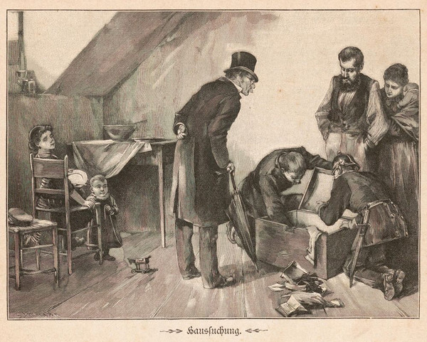 "Haussuchung". Aus der sozialdemokratischen Satirezeitschrift Der Wahre Jacob, Nr. 232, 1895