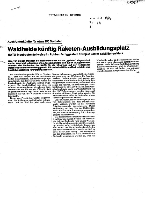 Waldheide künftig Raketen-Ausbildungsplatz, Heilbronner Stimme vom 2. Februar 1976 (stimme.de)