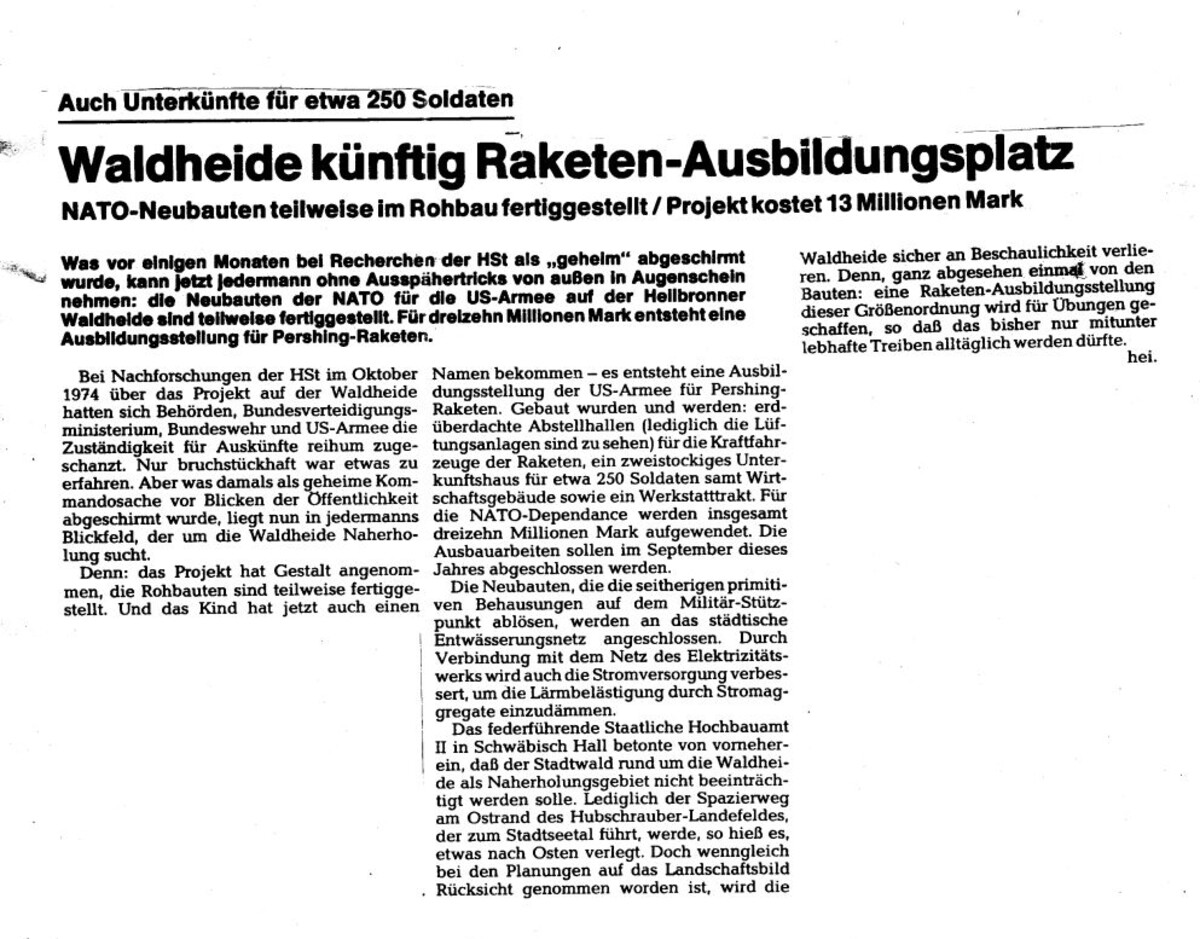 Waldheide künftig Raketen-Ausbildungsplatz, Heilbronner Stimme vom 2. Februar 1976 (stimme.de)