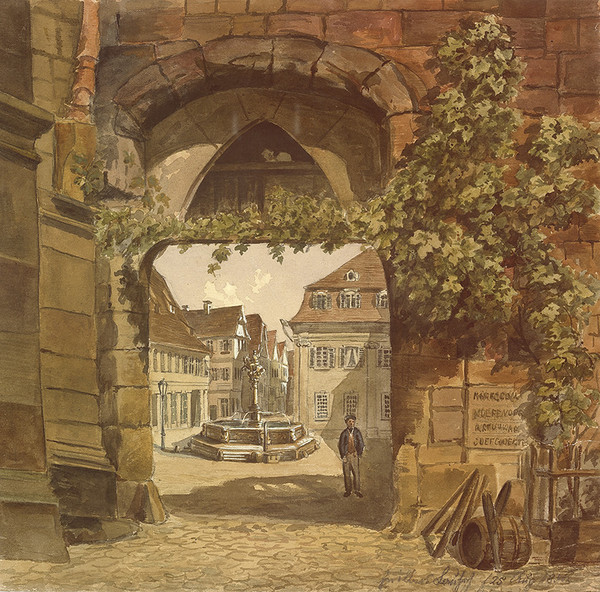 Georgsbrunnen und Hafenmarkt; 1857 
(Aquarell von Gustav Schmoller)
