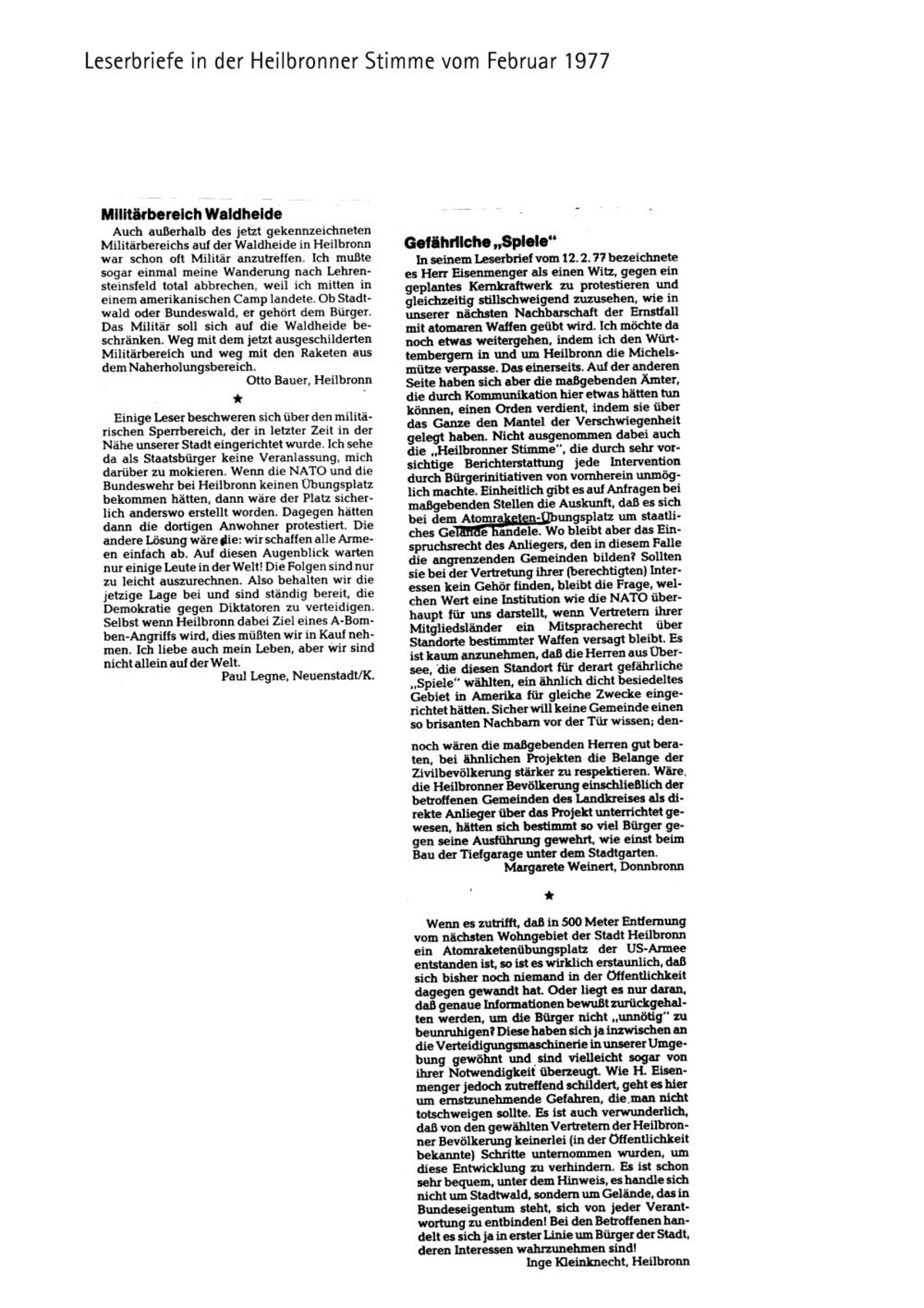 Leserbriefe aus der Heilbronner Stimme vom Februar 1977 (stimme.de)