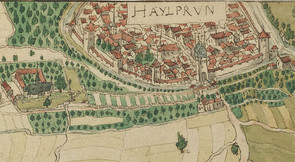 "Haylprun" Ansicht Heilbronn aus der Vogelperspektive (Ausschnitt) von Hans Peter Eberlin "HPE", 1578 (Stadtarchiv Heilbronn E005-161)