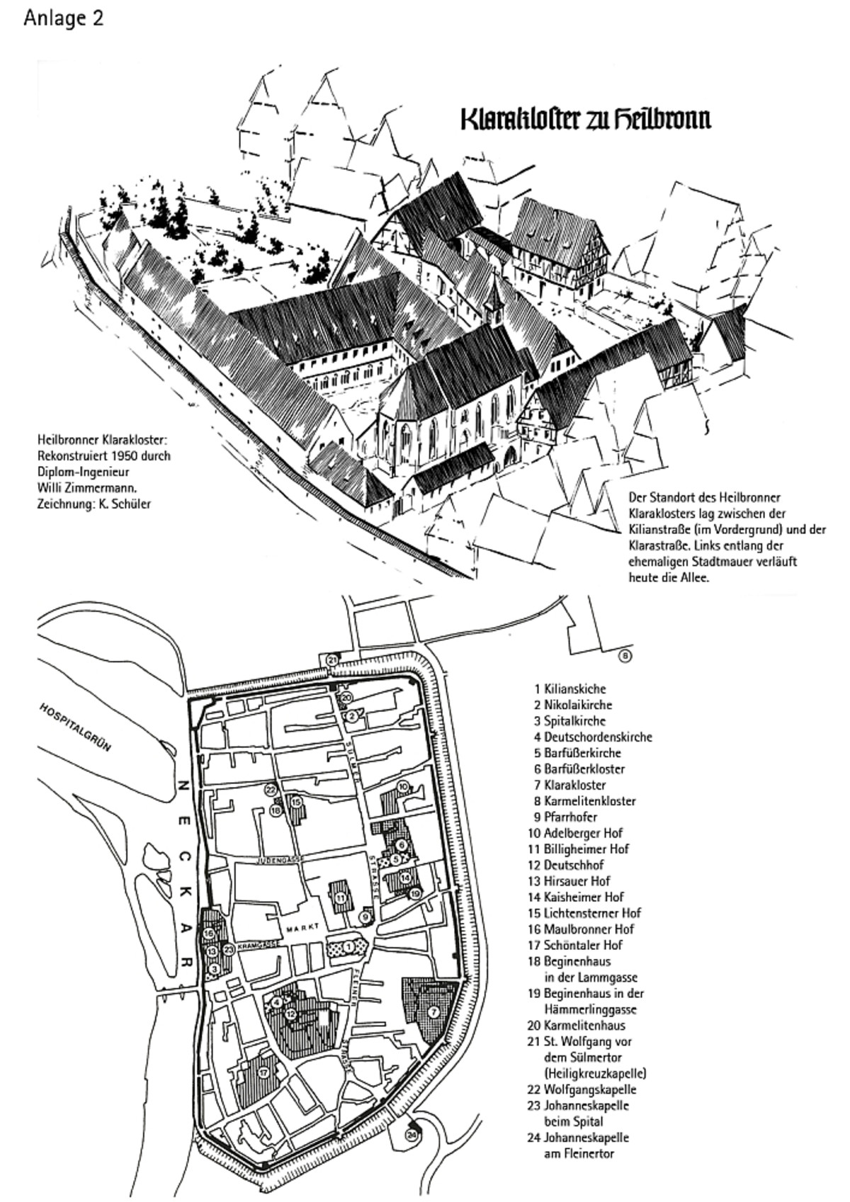 Rekonstruktion des Klaraklosters, 1950 angefertigt von Willi Zimmermann und Karl Schüler und Übersicht über Einrichtungen der Klöster in der Stadt Rekonstruktion des Klaraklosters, 1950 angefertigt von Willi Zimmermann und Karl Schüler und Übersicht über Einrichtungen der Klöster in der Stadt