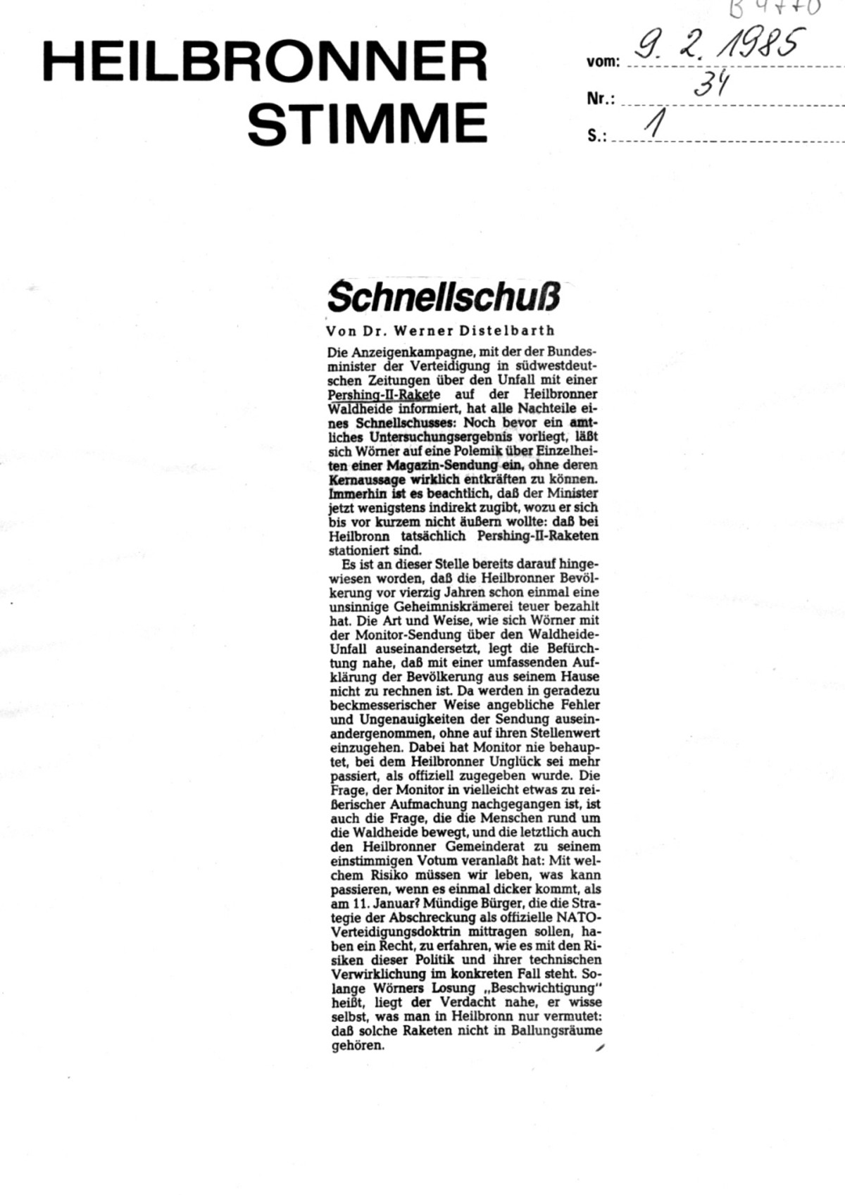 Werner Distelbarth: Schnellschuß (Heilbronner Stimme Nr. 34 vom 9. Februar 1985, S. 1) Werner Distelbarth: Schnellschuß (Heilbronner Stimme Nr. 34 vom 9. Februar 1985, S. 1)