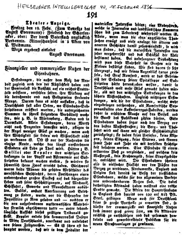Finanzieller und commerzieller Nutzen der Eisenbahnen (Heilbronner Intelligenzblatt Nr. 40 vom 18. Februar 1836)