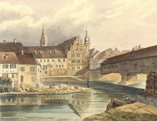 Spital und Neckarbrücke; 1857 
(Aquarell von Gustav Schmoller)