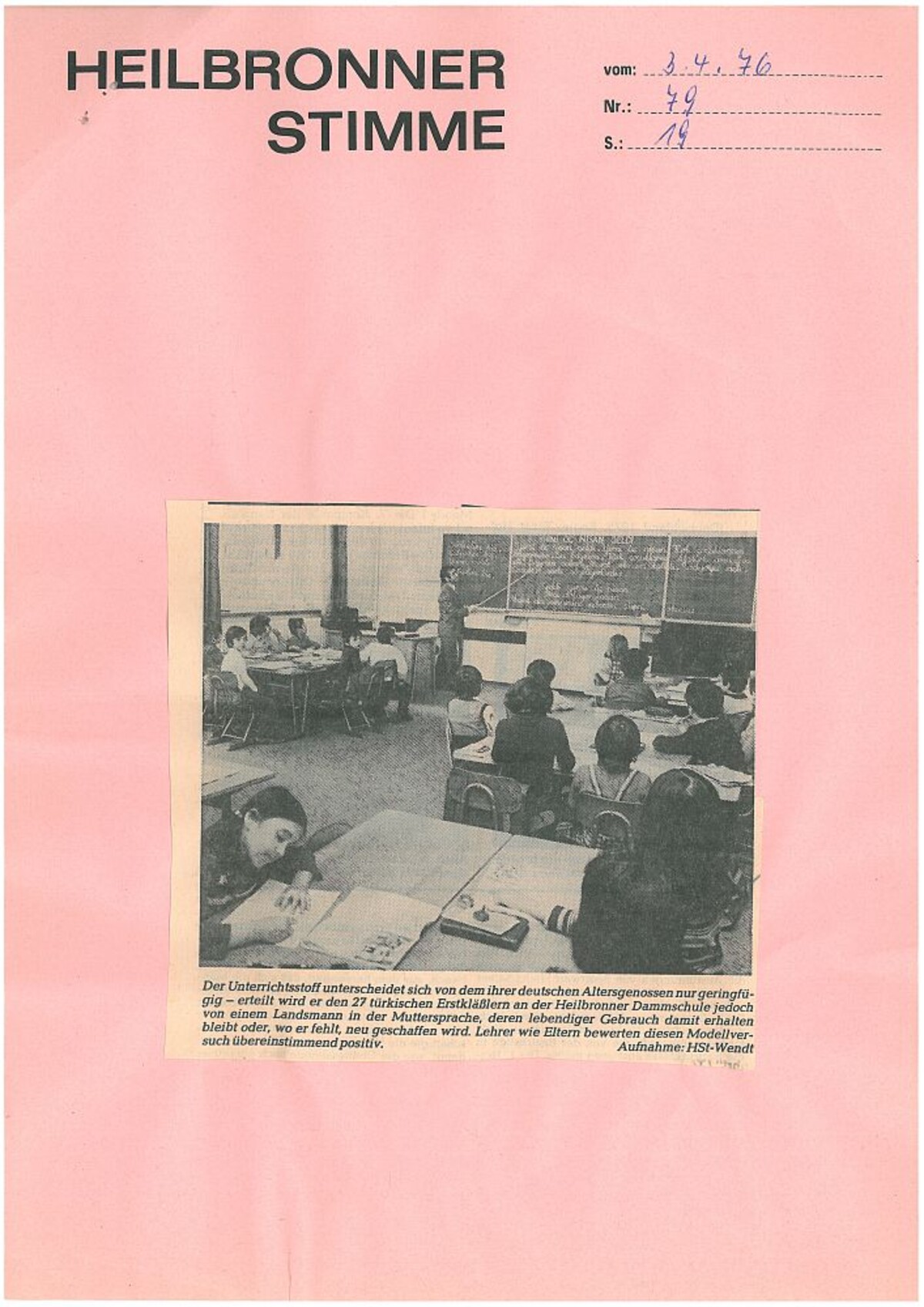 Bericht der Heilbronner Stimme vom 3. April 1976 (Heilbronner Stimme - www.stimme.de)