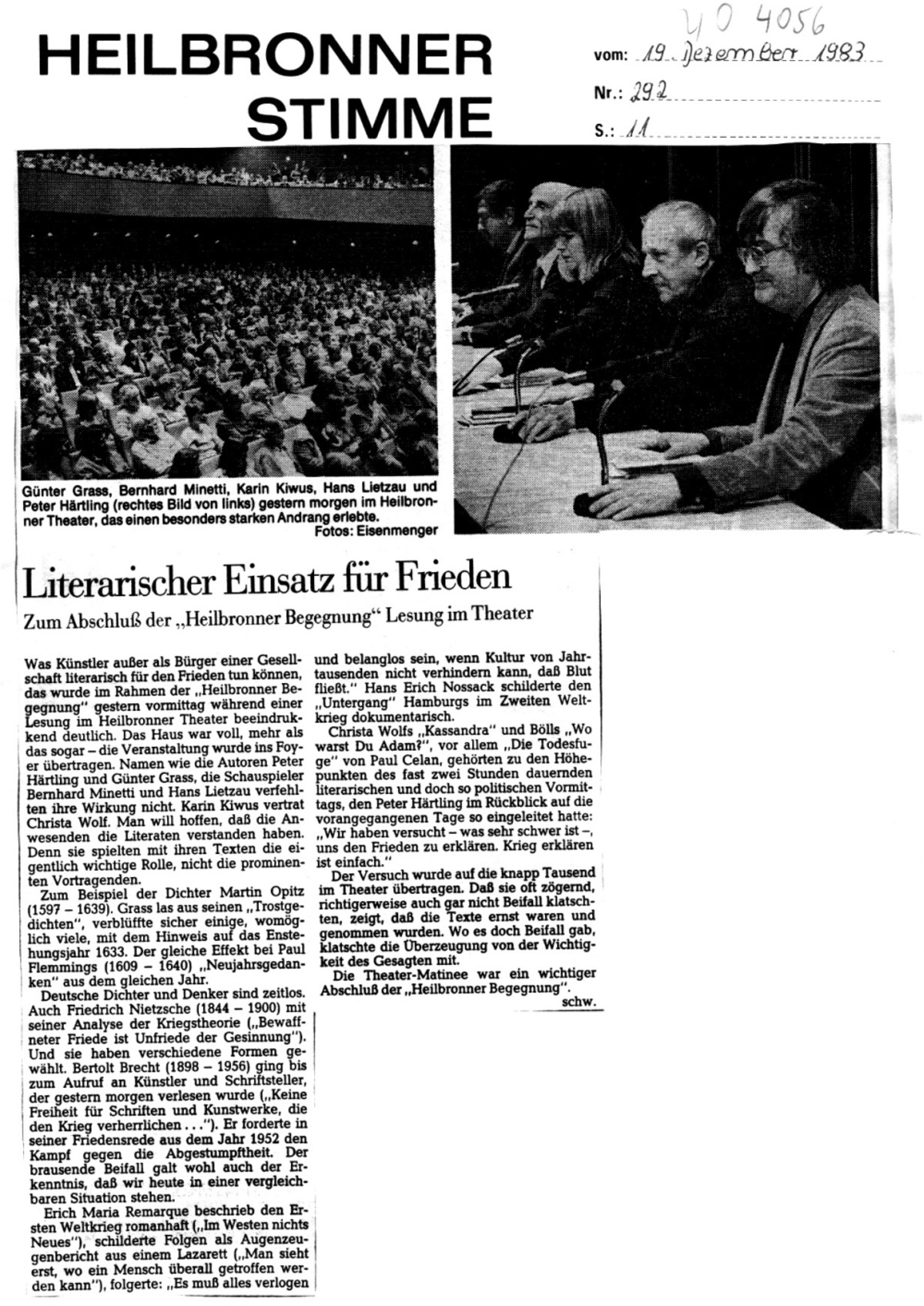 Literarischer Einsatz für den Frieden, Heilbronner Stimme vom 19. Dezember 1983, S. 11 (stimme.de) Literarischer Einsatz für den Frieden, Heilbronner Stimme vom 19. Dezember 1983, S. 11 (stimme.de)