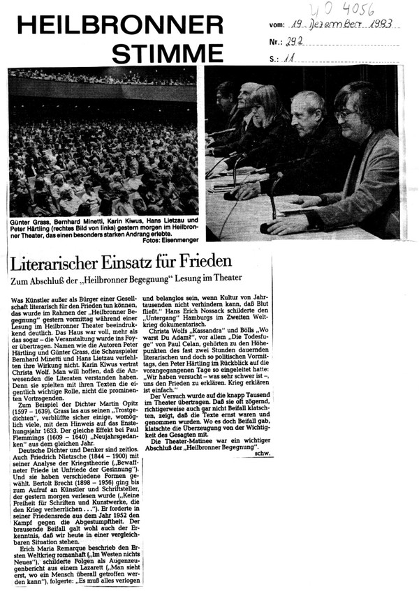 Literarischer Einsatz für den Frieden, Heilbronner Stimme vom 19. Dezember 1983, S. 11 (stimme.de)