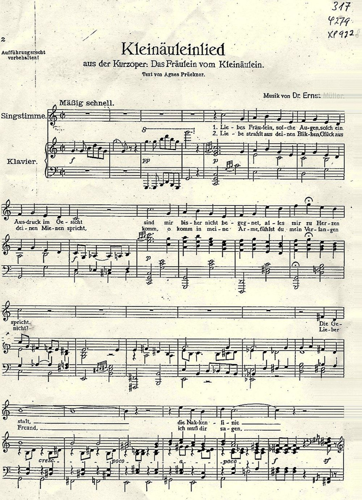 Kleinäuleinlied aus der Kurzoper: Das Fräulein vom Kleinäulein. Musik Dr. Ernst Müller, Text Agnes Prückner (Stadtarchiv Heilbronn) Kleinäuleinlied aus der Kurzoper: Das Fräulein vom Kleinäulein. Musik Dr. Ernst Müller, Text Agnes Prückner (Stadtarchiv Heilbronn)