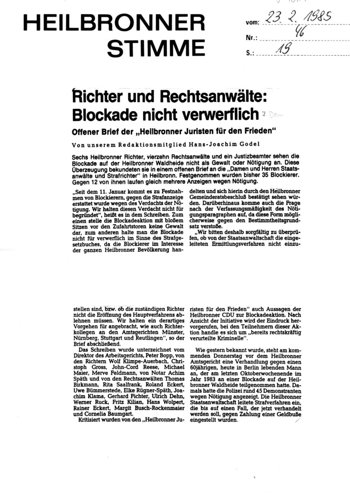 Bericht der Heilbronner Stimme vom 23. Februar 1985 über einen Offenen Brief Heilbronner Juristen für den Frieden (stimme.de)