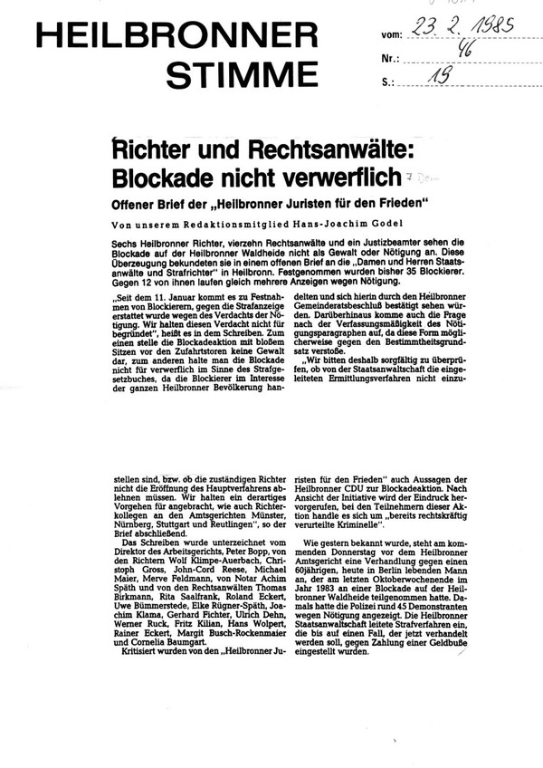 Bericht der Heilbronner Stimme vom 23. Februar 1985 über einen Offenen Brief Heilbronner Juristen für den Frieden (stimme.de)