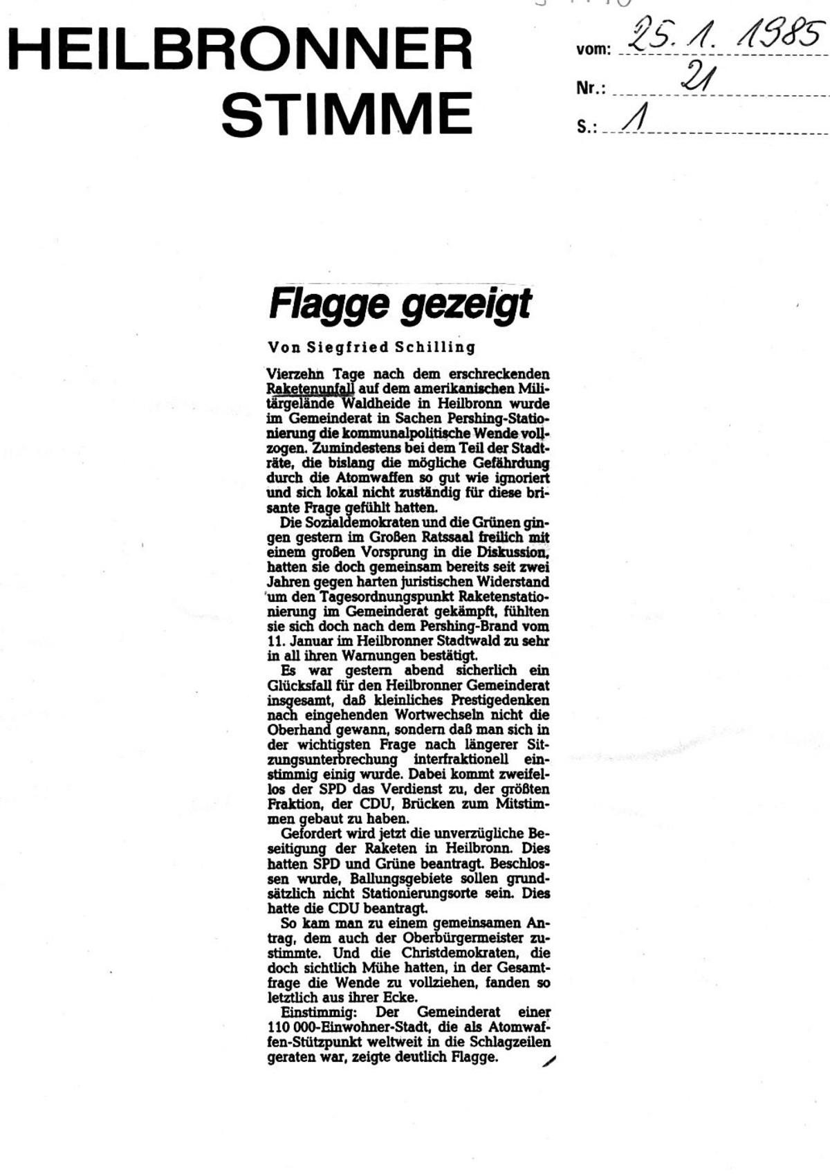 Siegfried Schilling: Flagge gezeigt (Heilbronner Stimme Nr. 21 vom 25. Januar 1985; S. 1)