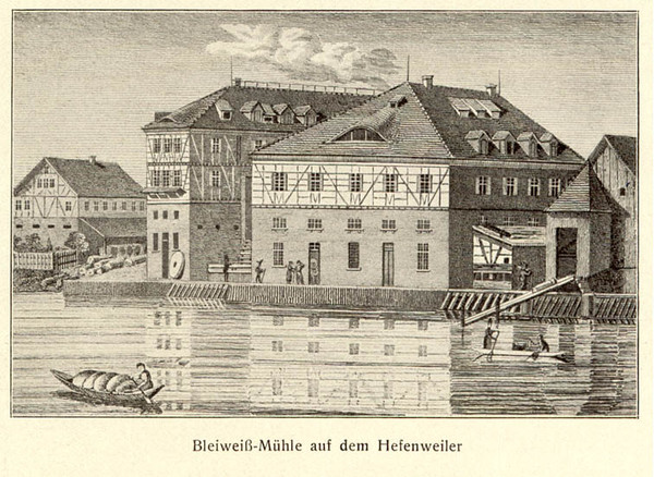 Die Bleiweißmühle auf dem Hefenweiler; 1830
Lithographie der Gebrüder Wolff
(Stadtarchiv Heilbronn)