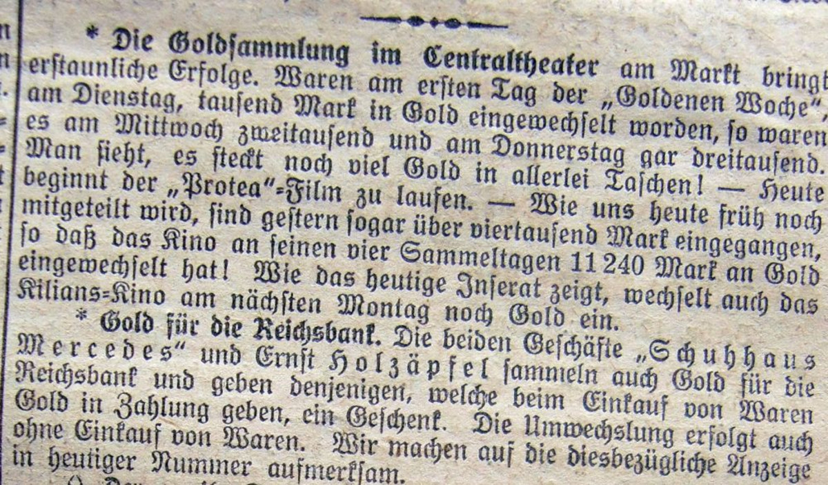 Bericht über die Goldsammlung im Centraltheater, Neckar-Echo vom 13. Februar 1915 (Stadtarchiv Heilbronn L008-50) Bericht über die Goldsammlung im Centraltheater, Neckar-Echo vom 13. Februar 1915 (Stadtarchiv Heilbronn L008-50)