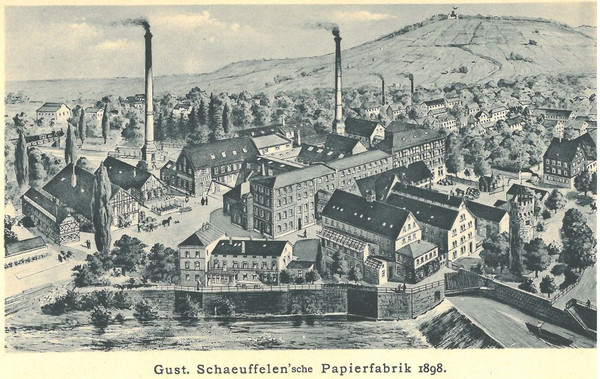 Papierfabrik von Schaeuffelen. Abb. in Richard Schaeuffelen: Zum fünfundsiebzigsten Jubiläum der Gustav Schaeuffelen'schen Papierfabrik in Heilbronn. 1823-1998, Heilbronn 1898