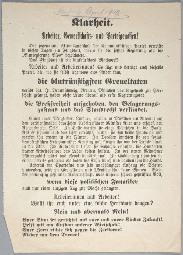Sozialdemokratisches Flugblatt gegen die Spartakisten von Anfang April 1919
(Stadtarchiv Heilbronn E 002-309)