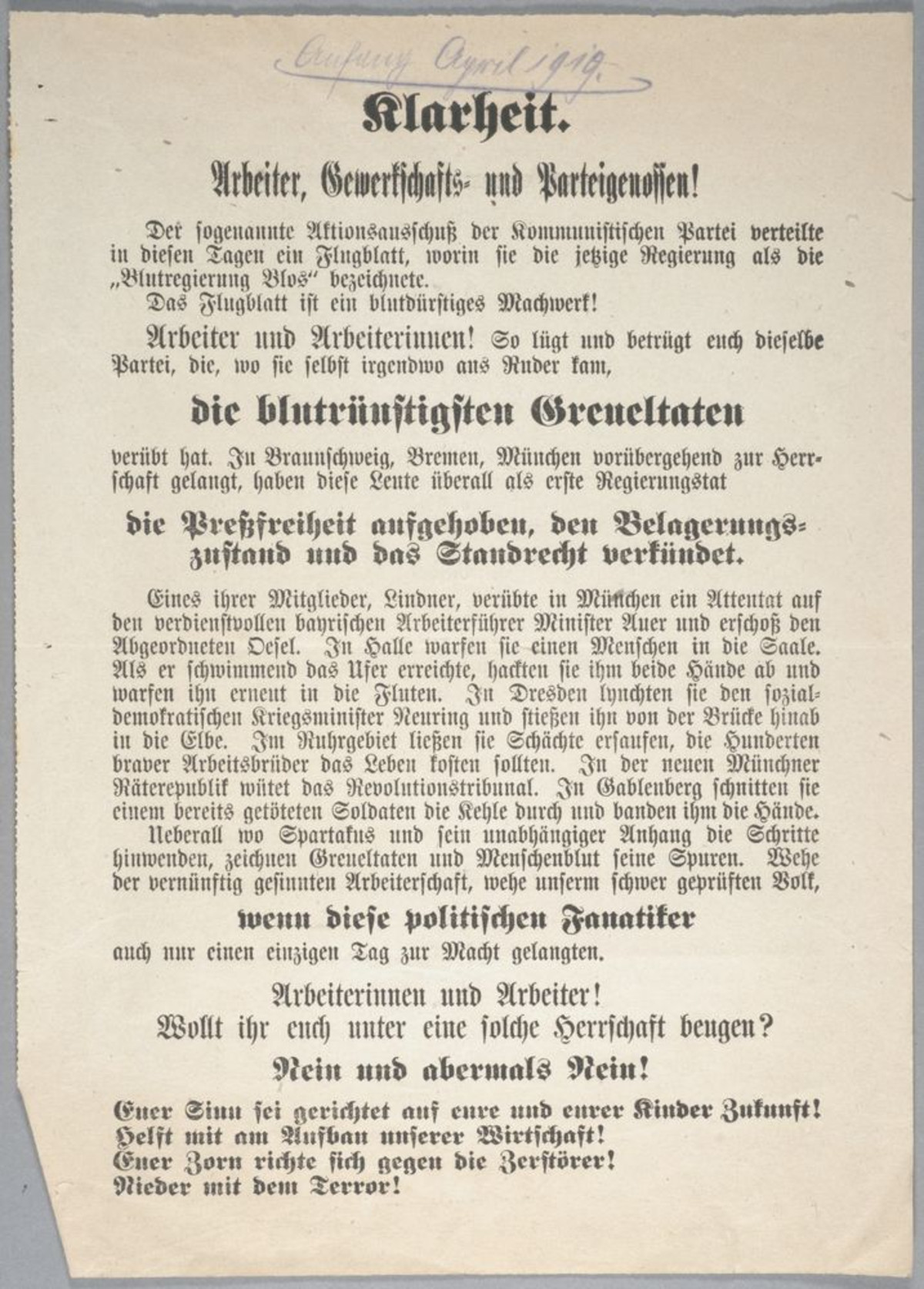 Sozialdemokratisches Flugblatt gegen die Spartakisten von Anfang April 1919
(Stadtarchiv Heilbronn E 002-309)