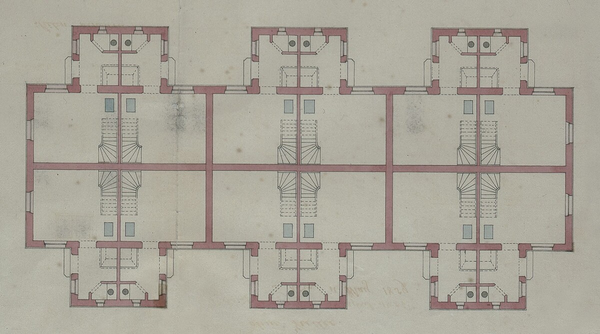 Grundriss Arbeiterwohnungen der 2. Klasse, Erdgeschosse. In den Vorbauten befand sich jeweils die Küche und das Klo (Stadtarchiv Heilbronn A034-76) Grundriss Arbeiterwohnungen der 2. Klasse, Erdgeschosse. In den Vorbauten befand sich jeweils die Küche und das Klo (Stadtarchiv Heilbronn A034-76)