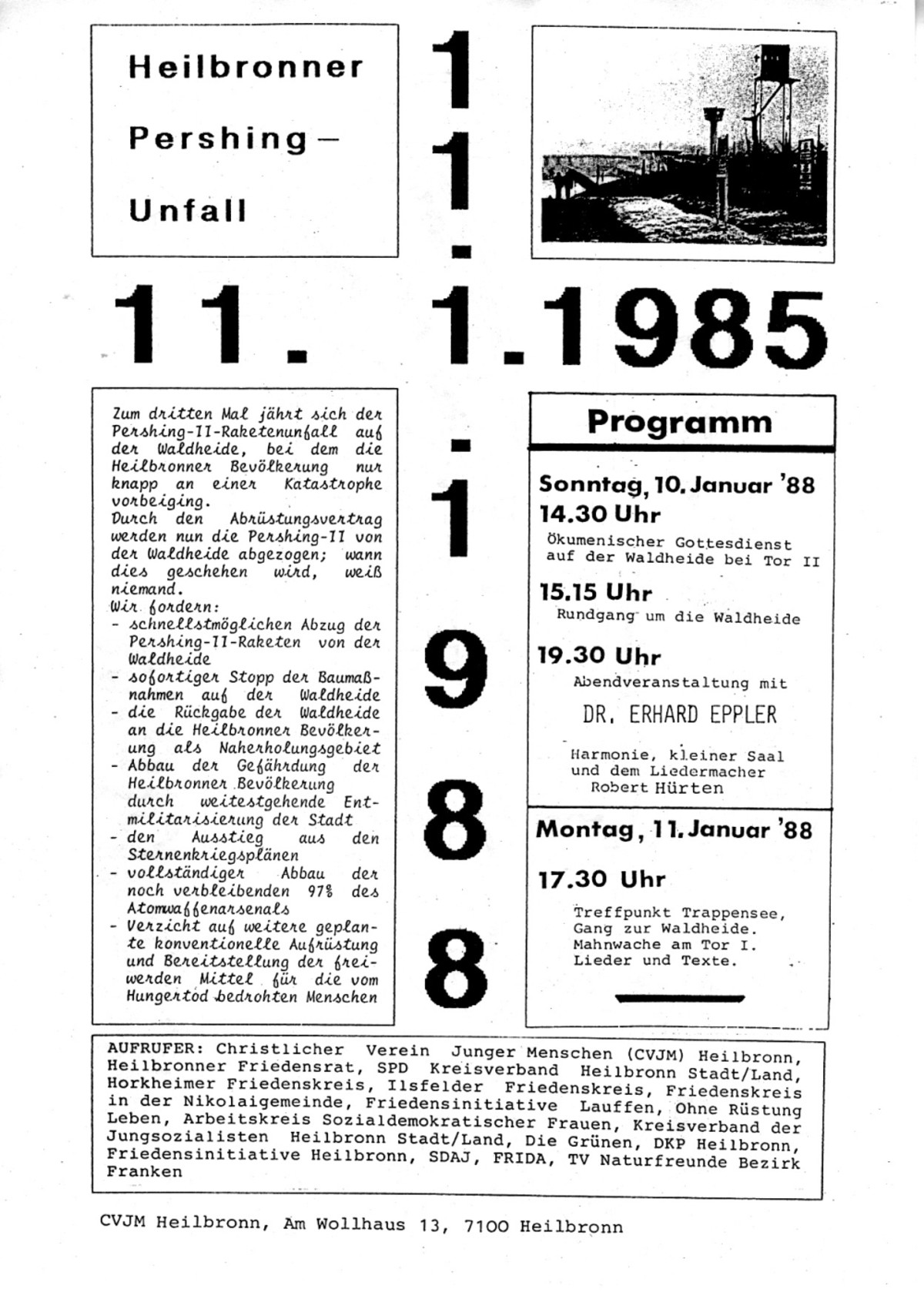 Zum 3. Jahrestag des Pershing-Raketenunfalls auf der Waldheide am 11. Januar 1988 wurde dieses Flugblatt verteilt. Verantwortlich zeichnete der CVJM Heilbronn (Stadtarchiv Heilbronn) Zum 3. Jahrestag des Pershing-Raketenunfalls auf der Waldheide am 11. Januar 1988 wurde dieses Flugblatt verteilt. Verantwortlich zeichnete der CVJM Heilbronn (Stadtarchiv Heilbronn)
