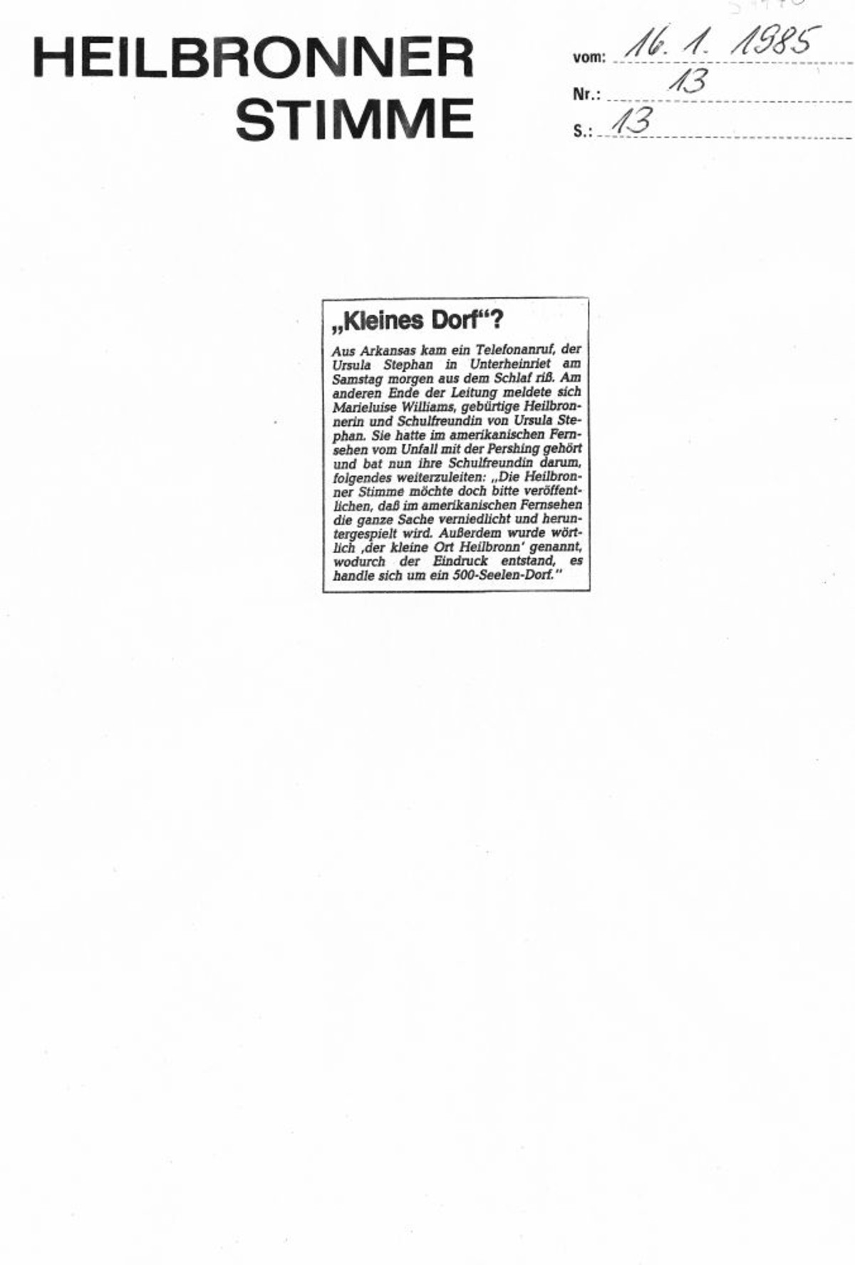 Kleines Dorf? Heilbronner Stimme vom 16. Januar 1985 (stimme.de)