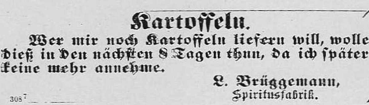 Anzeige der 1868 gegründeten Spiritusfabrik L. Brüggemann (Neckar-Zeitung vom 4. Januar 1877) Anzeige der 1868 gegründeten Spiritusfabrik L. Brüggemann (Neckar-Zeitung vom 4. Januar 1877)
