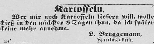 Anzeige der 1868 gegründeten Spiritusfabrik L. Brüggemann (Neckar-Zeitung vom 4. Januar 1877)