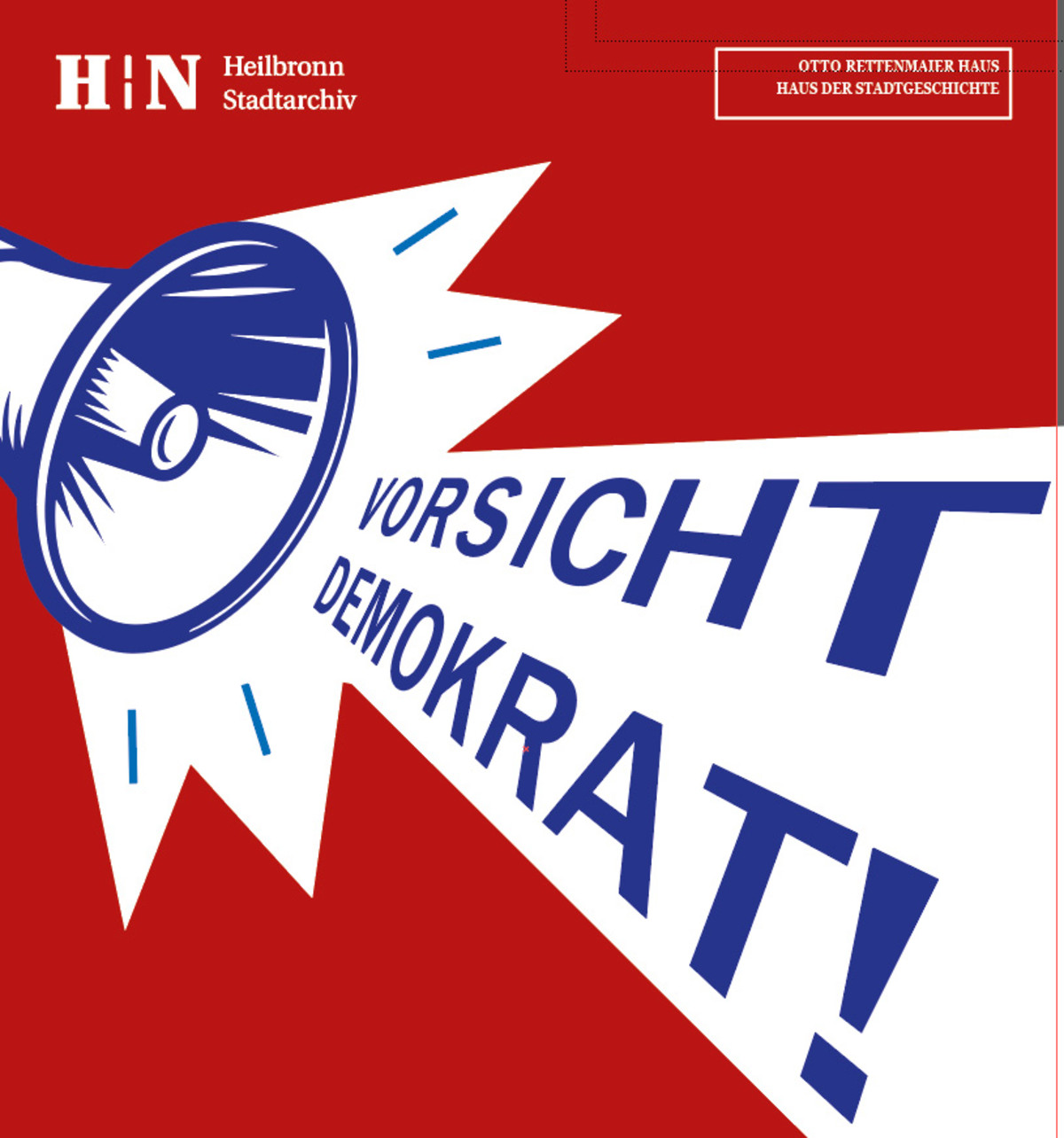 Grafik eines Megafons oben links, aus dem der Schriftzug "Vorsicht Demokrat!" rauskommt 