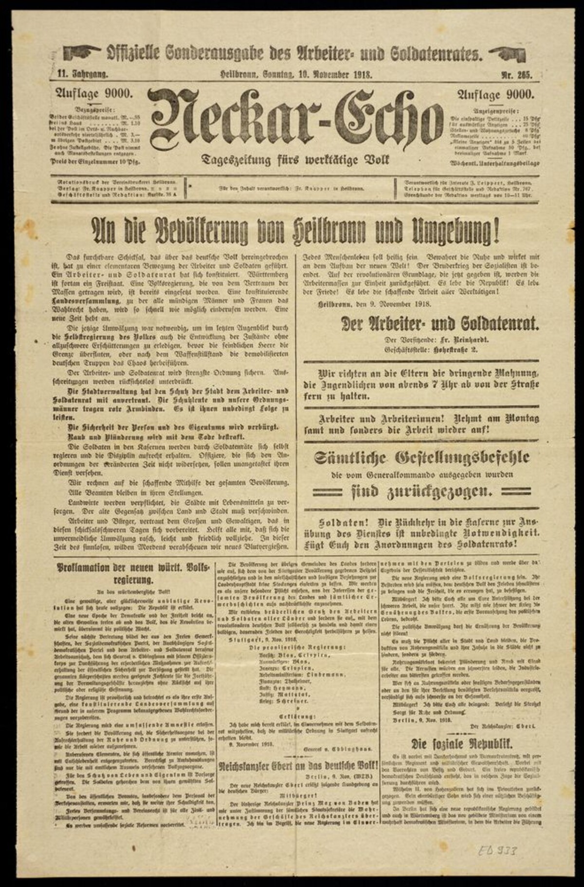 Sonderausgabe des Neckar-Echo vom Sonntag, 10. November 1918 (StadtA HN E002-933) Sonderausgabe des Neckar-Echo vom Sonntag, 10. November 1918 (StadtA HN E002-933)