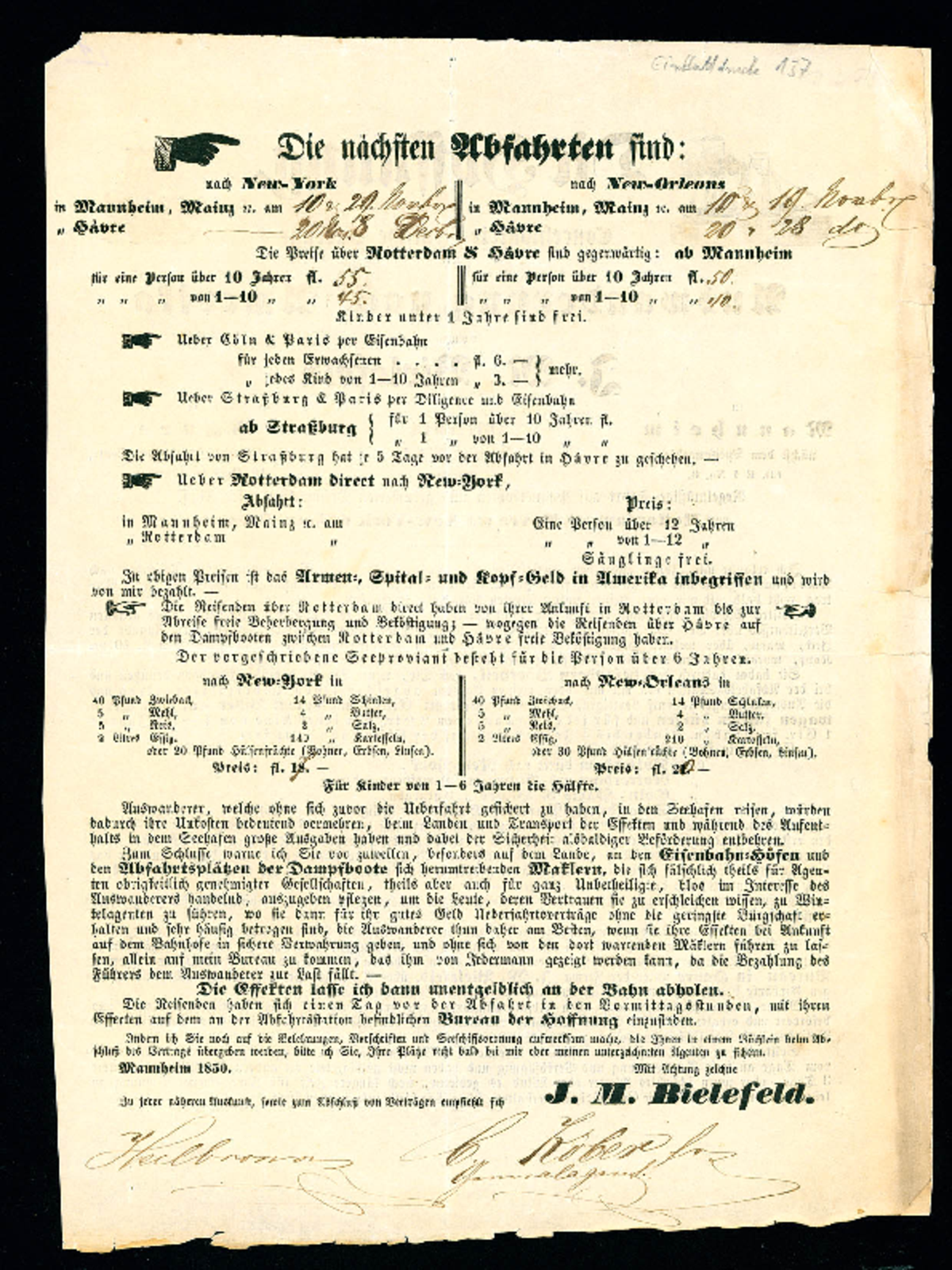 PDF-Datei Werbeprospekt S. 2 Werbeprospekt für Auswanderer von 1850, unterzeichnet mit "Heilbronn, C. Kober, Generalagent"Seite 2 (Stadtarchiv Heilbronn E002-137)