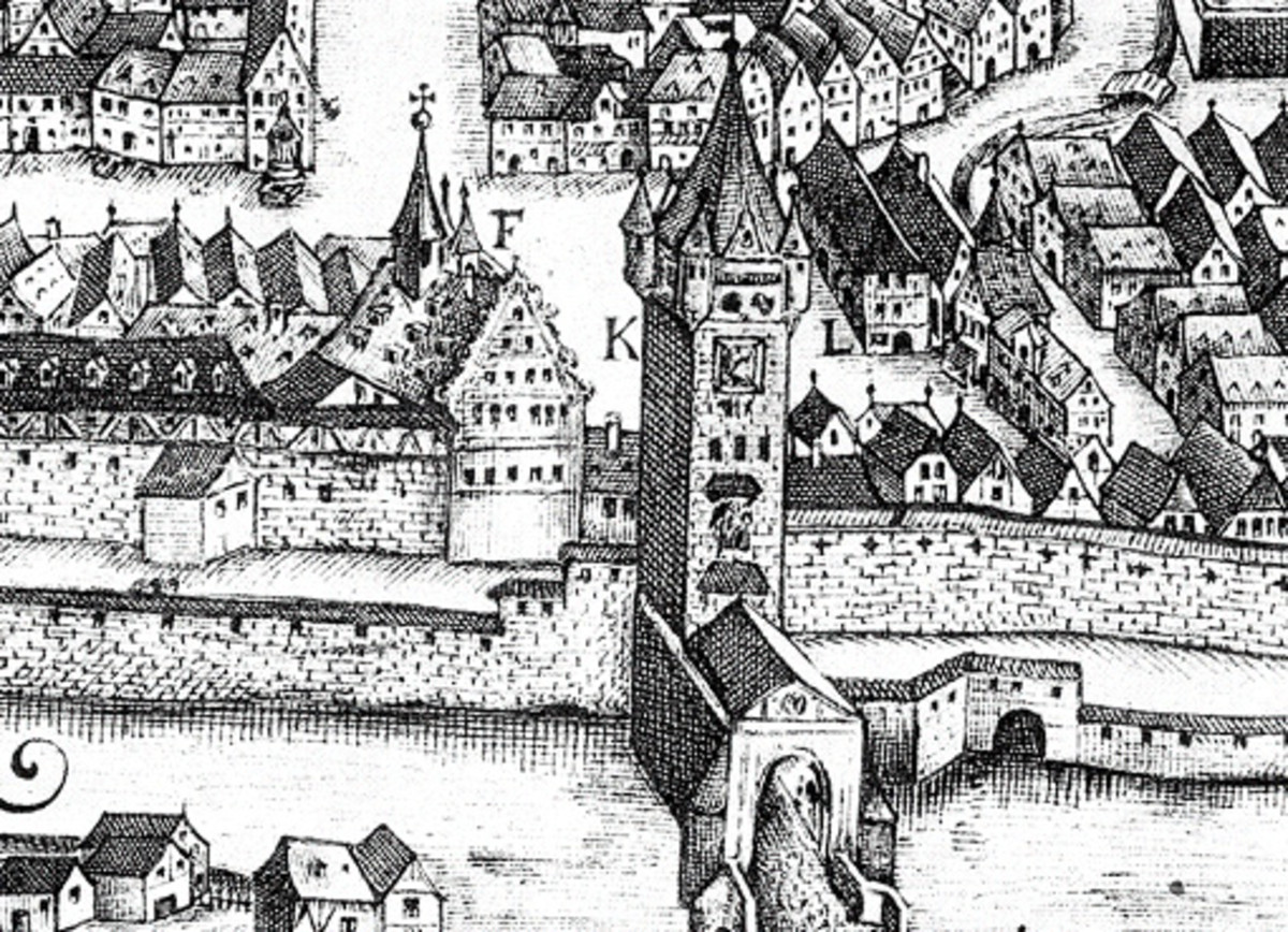 Brückentor; 1658 Stadtansicht von Johann Sigmund Schlehenried (Ausschnitt) (Stadtarchiv Heilbronn) Brückentor; 1658
Stadtansicht von Johann Sigmund Schlehenried (Ausschnitt)
(Stadtarchiv Heilbronn)
