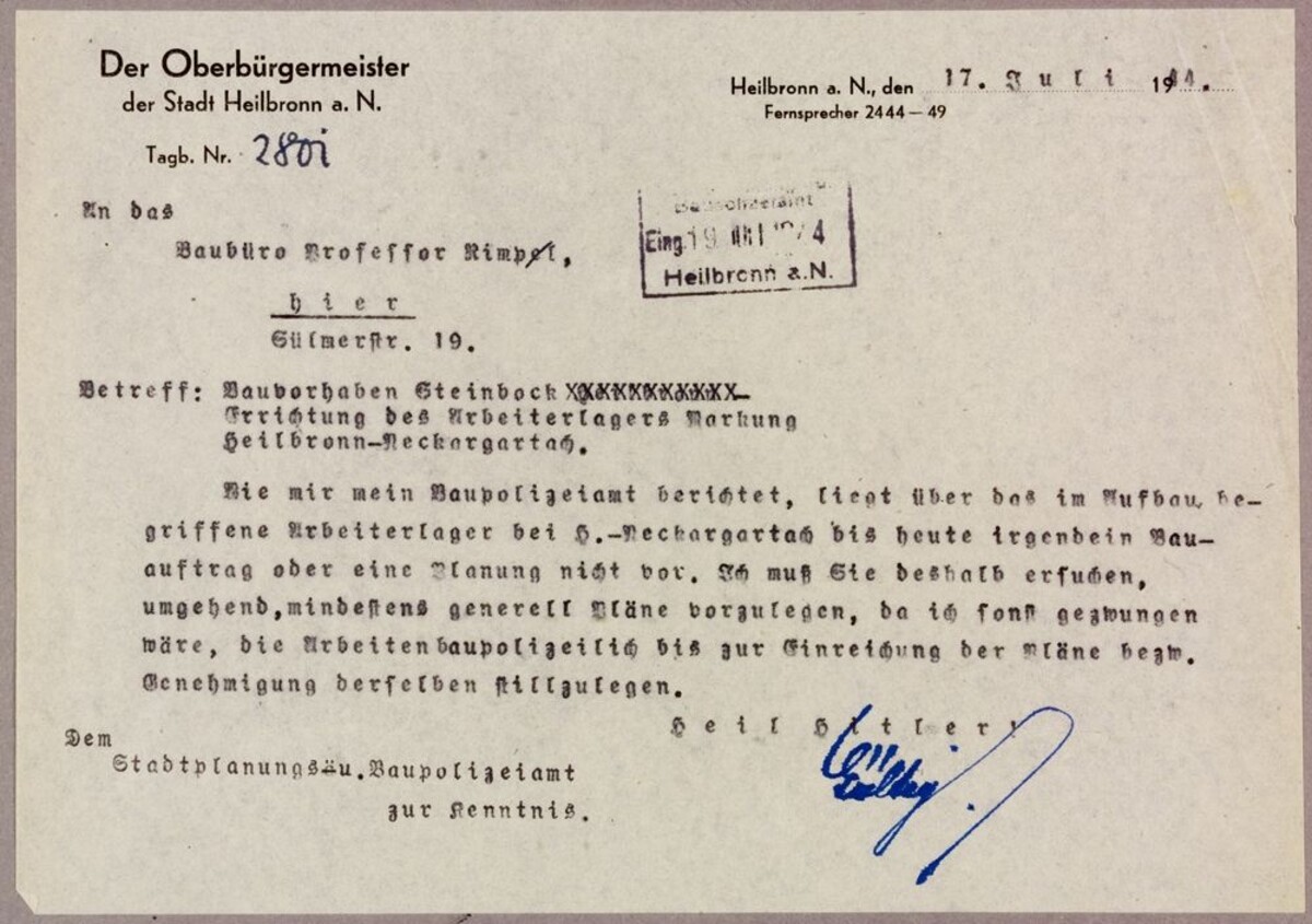 Schreiben von OB Gültig an das Baubüro