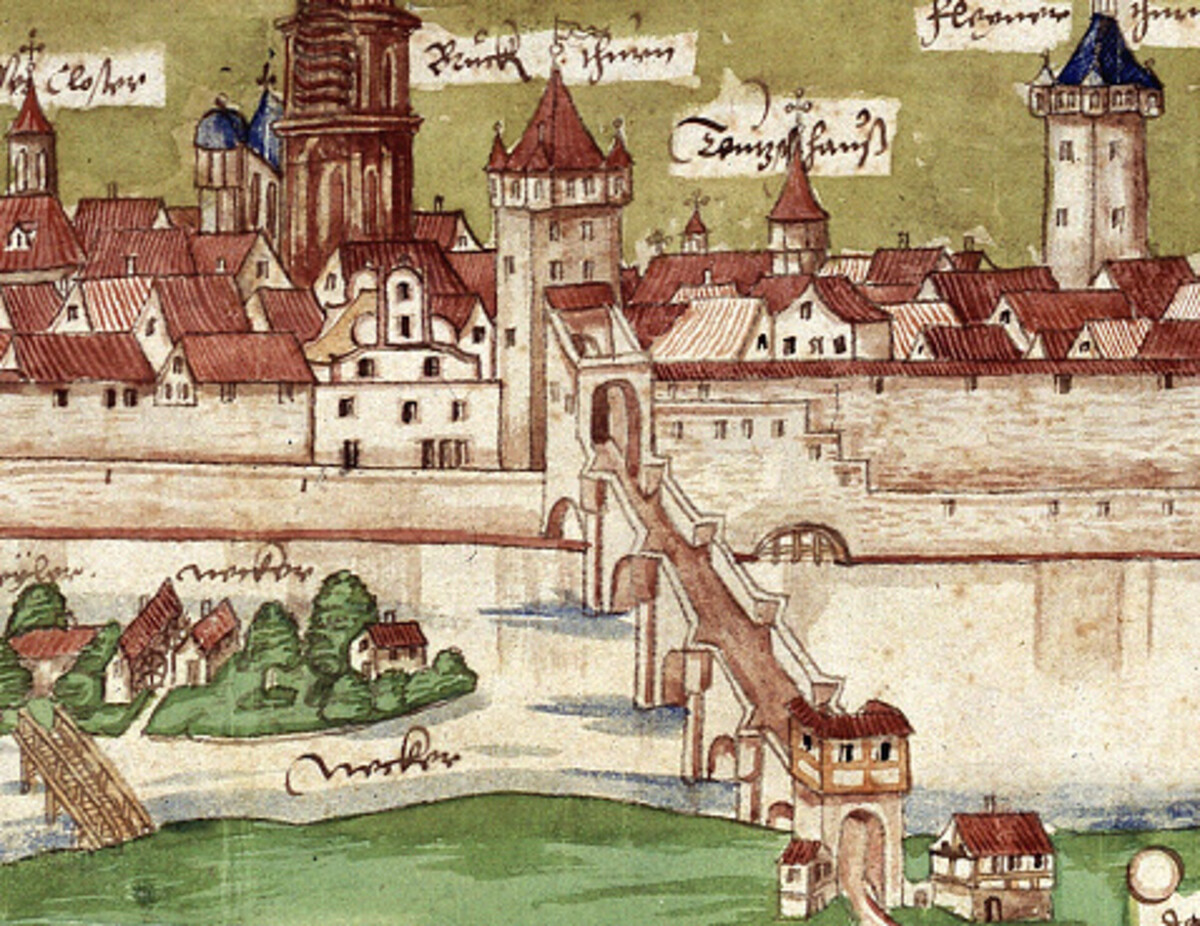 Die steinerne Brücke und das Brückentor; 1554 (Stadtarchiv Heilbronn E005-533) Die steinerne Brücke und das Brückentor; 1554
(Stadtarchiv Heilbronn E005-533)
