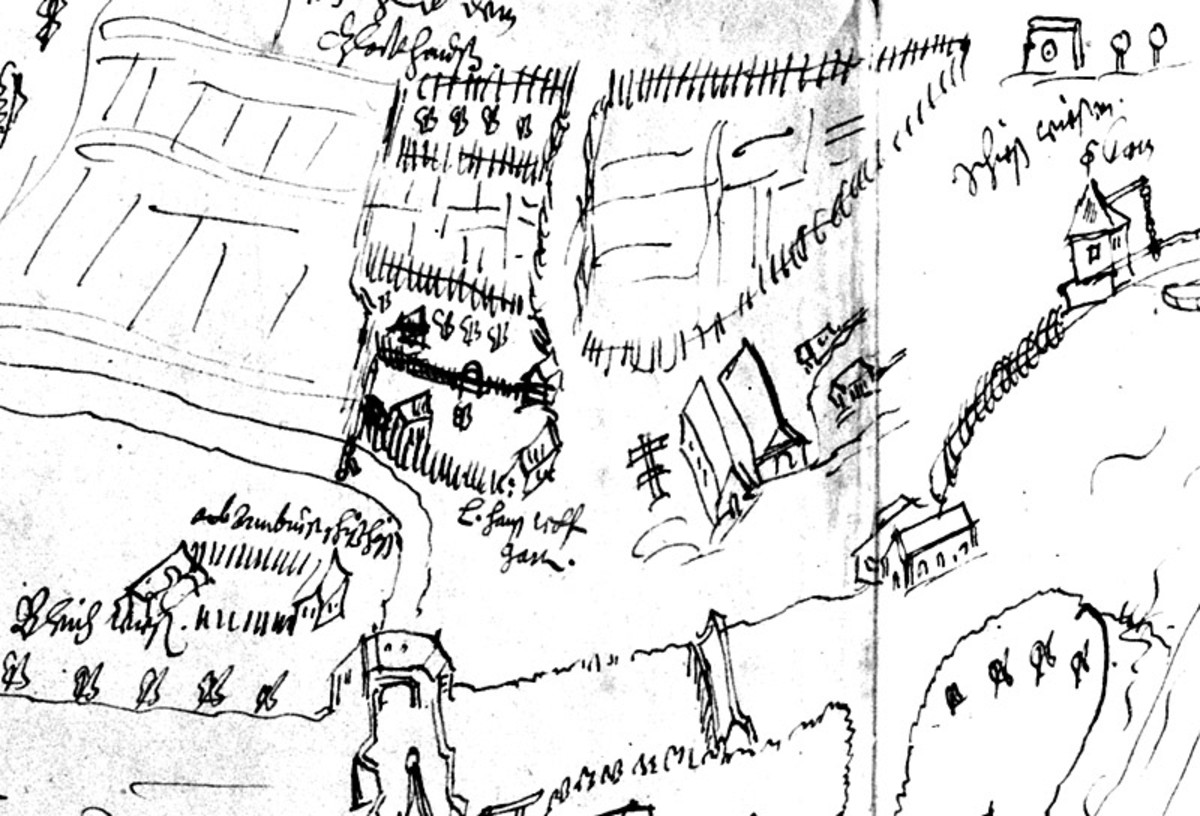 Ansicht von Osten zwischen Neckarbrücke und Kran (Ausschnitt); um 1600 (Stadtarchiv Heilbronn) Ansicht von Osten zwischen Neckarbrücke und Kran (Ausschnitt); um 1600
(Stadtarchiv Heilbronn)