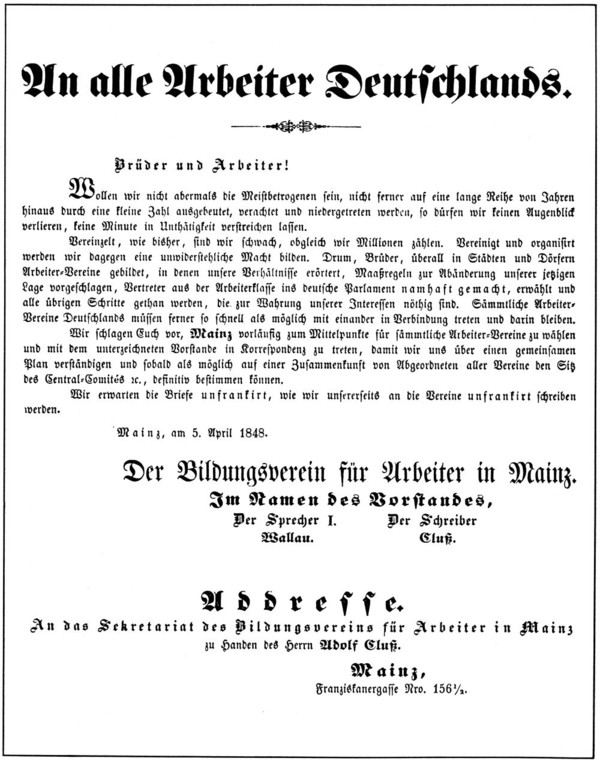 Flugblatt des Arbeiterbildungsvereins Mainz vom 5.4.1848, unterzeichnet von Adolf Cluss, Zimmermann aus Heilbronn (Mainzer Zeitung Nr. 102 vom 11. April 1848)