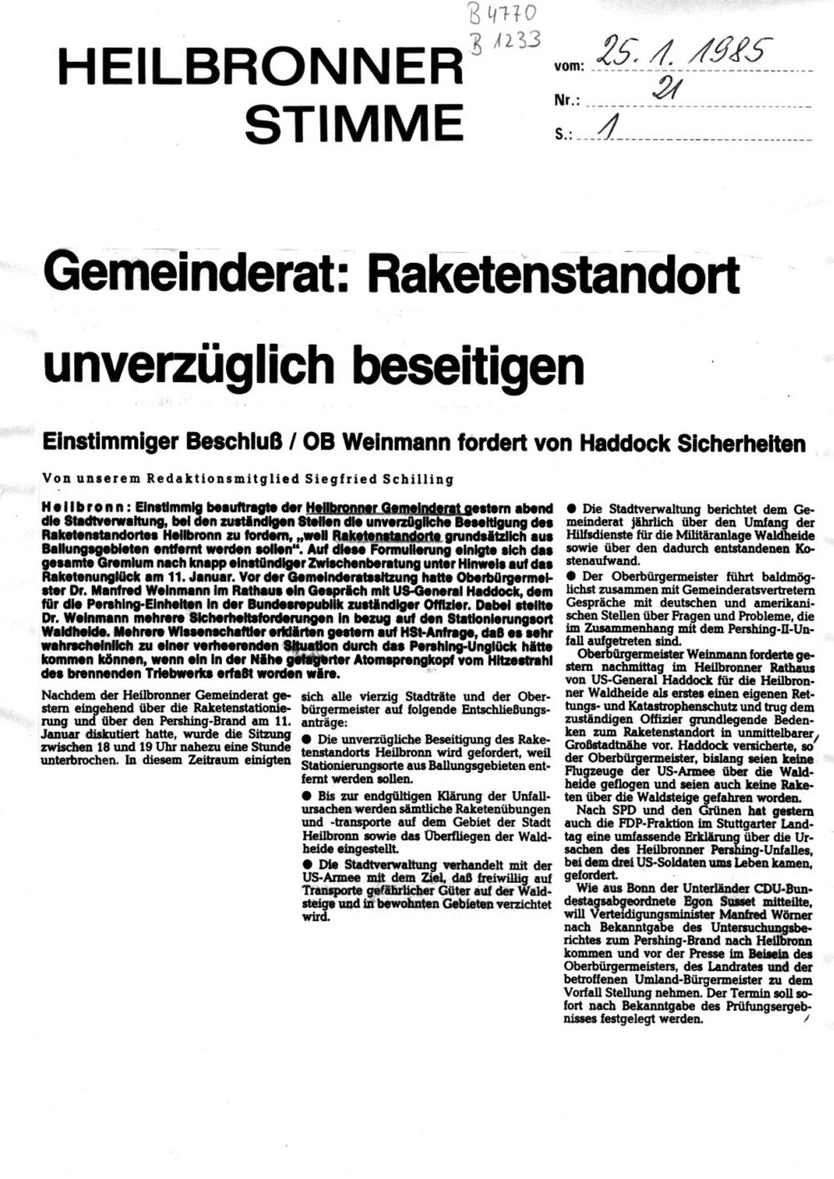 Siegfried Schilling: Gemeinderat: Raketenstandort unverzüglich beseitigen (Heilbronner Stimme Nr. 21 vom 25. Januar 1985, S. 1)