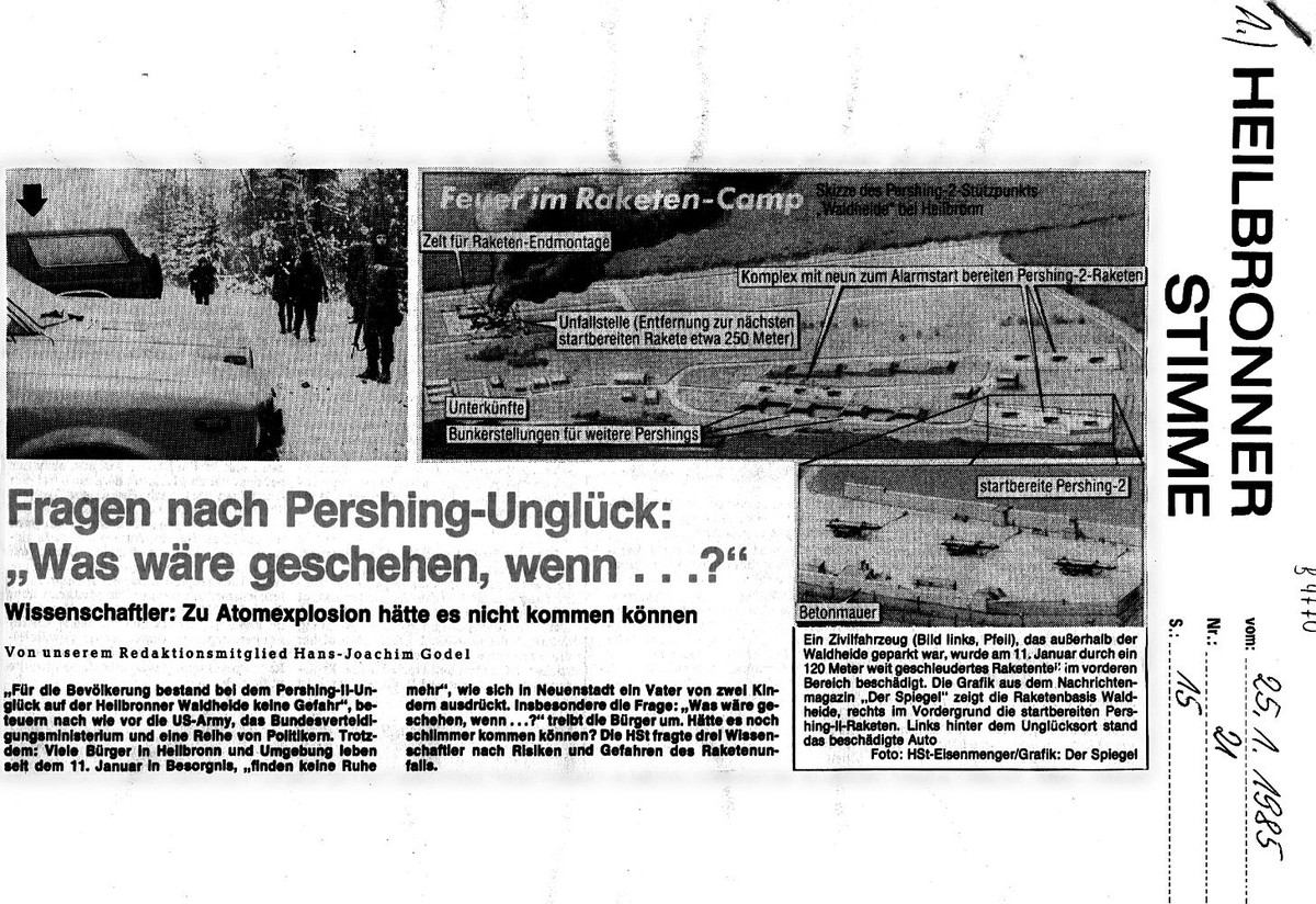 Hans-Joachim Godel: Fragen nach Pershing-Unglück: Was wäre geschehen, wenn ...? (Heilbronner Stimme Nr. 21 vom 25. Januar 1985, S. 15)