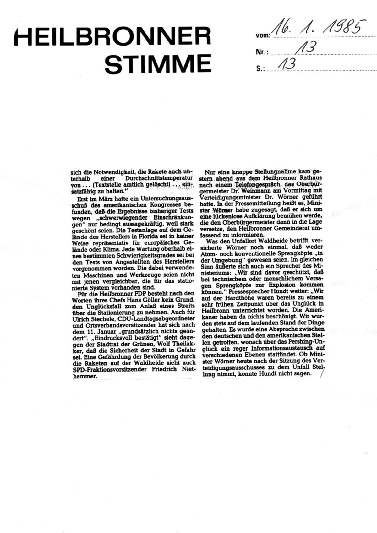 Fortsetzung Hans-Joachim Godel: Der strenge Winter ... (Heilbronner Stimme vom 16. Januar 1985, S. 13) Fortsetzung Hans-Joachim Godel: Der strenge Winter ... (Heilbronner Stimme vom 16. Januar 1985, S. 13)