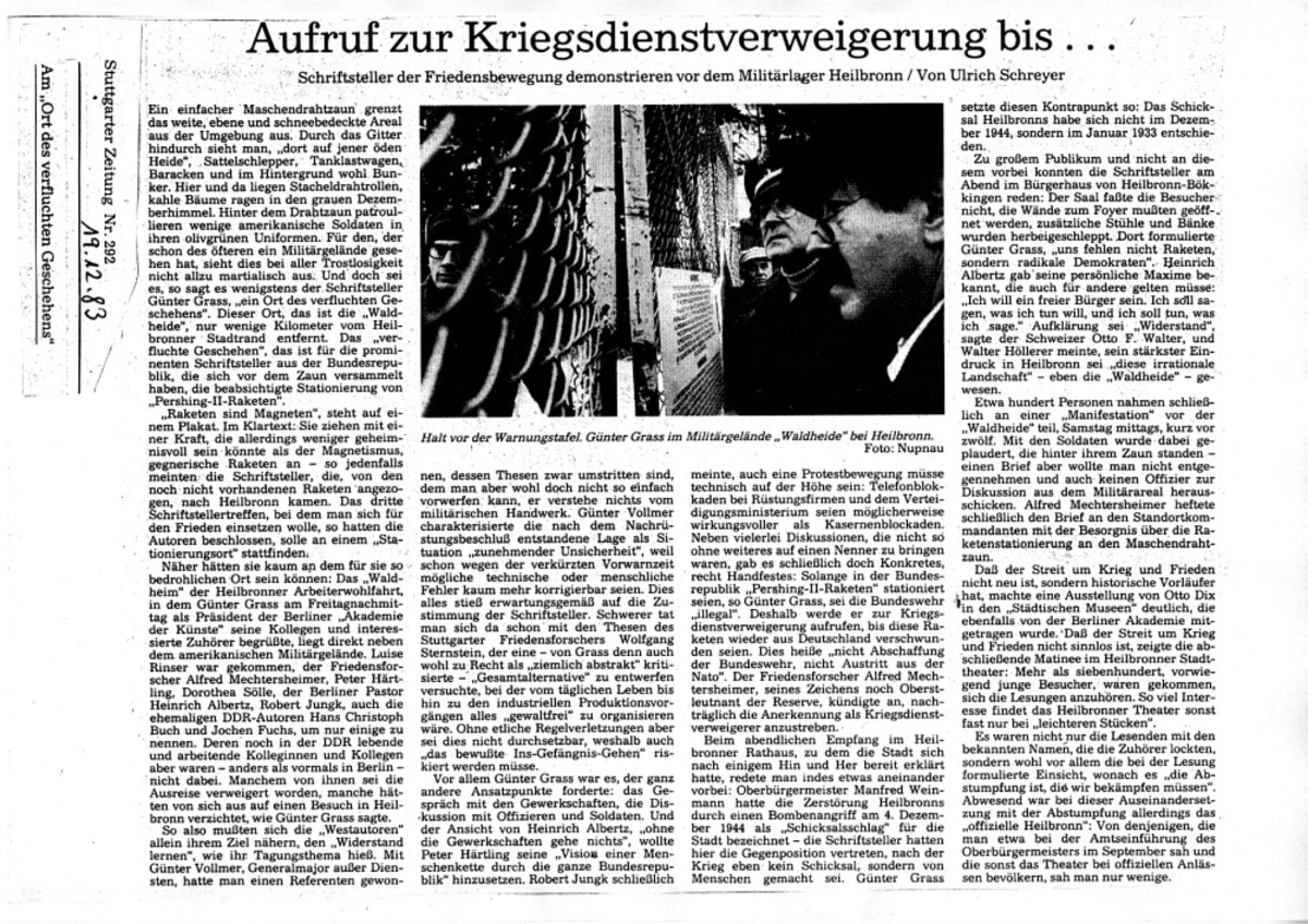 Ulrich Schreyer: Aufruf zur Kriegsdienstverweigerung bis ... (Stuttgarter Zeitung Nr. 292 vom 19. Dezember 1983) Ulrich Schreyer: Aufruf zur Kriegsdienstverweigerung bis ... (Stuttgarter Zeitung Nr. 292 vom 19. Dezember 1983)